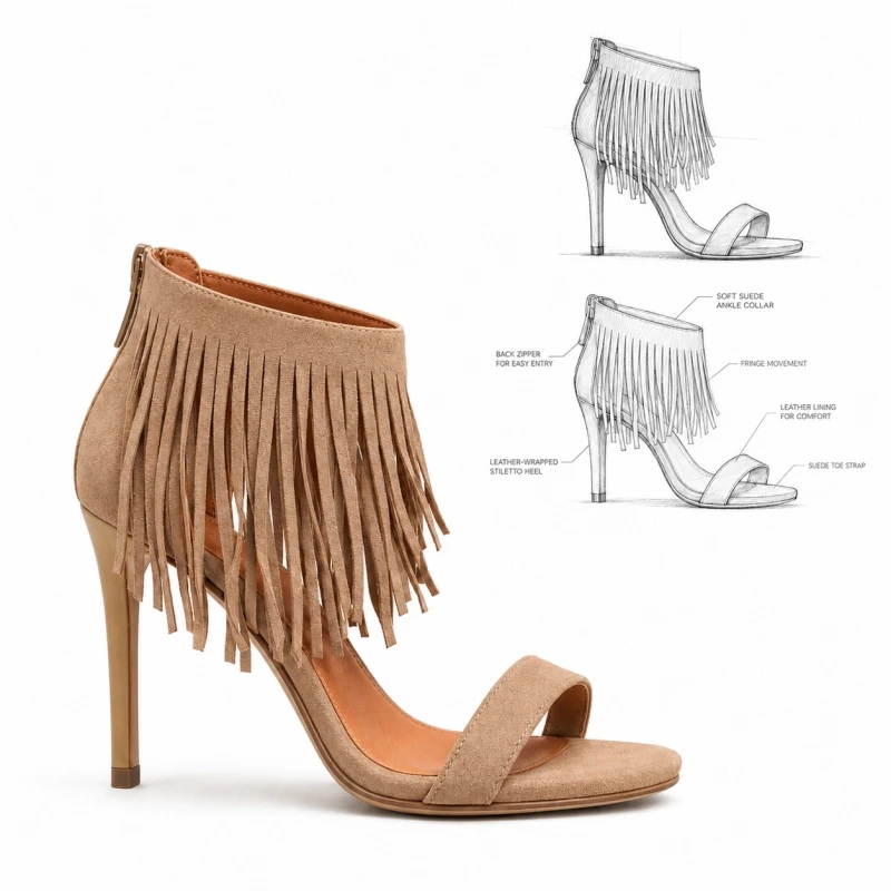 Artisanal Suede Fringe Stiletto Sandals | Custom Luxury Footwear Manufacturing