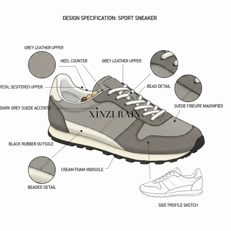 Custom Grey Leather Sport Sneaker | OEM & ODM Casual Running Shoes Manufacturer China