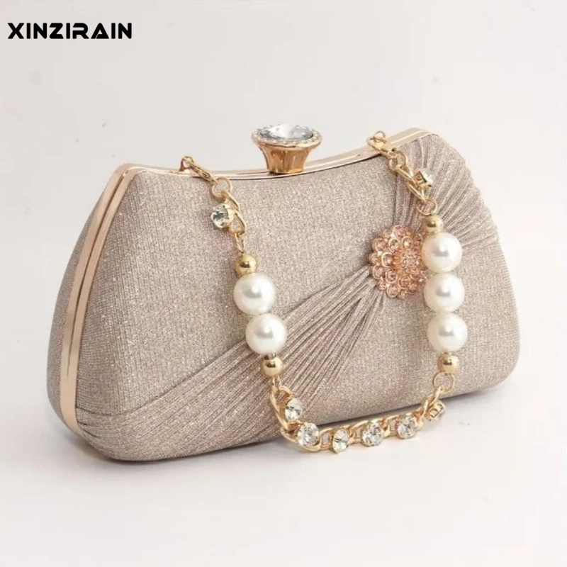 Custom Champagne Pearl & Rhinestone Clutch | Xinzirain Luxury Evening Collection