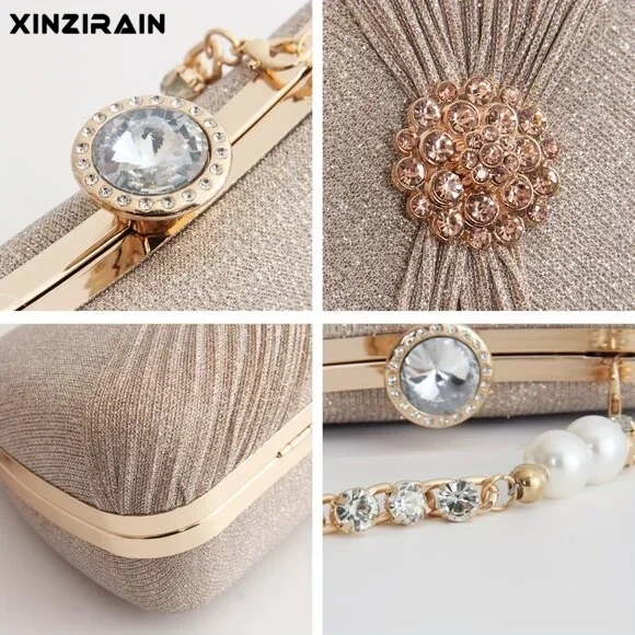 Custom Champagne Pearl & Rhinestone Clutch | Xinzirain Luxury Evening Collection