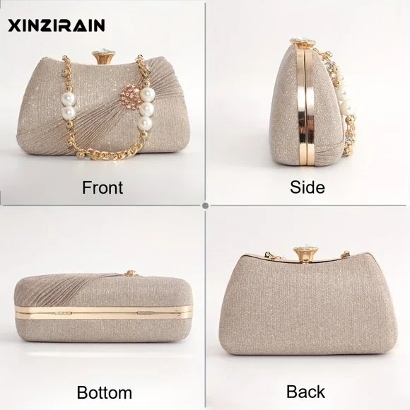 Custom Champagne Pearl & Rhinestone Clutch | Xinzirain Luxury Evening Collection