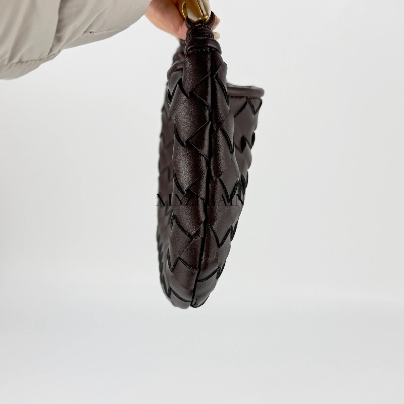 Custom Woven Leather Handbag | Semi-Moon Clutch with Sculpted Metal Handle