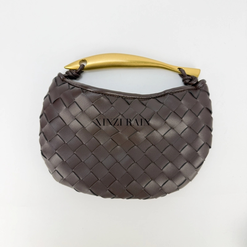 Custom Woven Leather Handbag | Semi-Moon Clutch with Sculpted Metal Handle