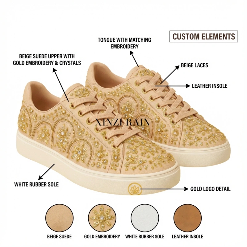 Custom Luxury Embellished Casual Sneakers | Gold Crystal Designer Women’s Shoes