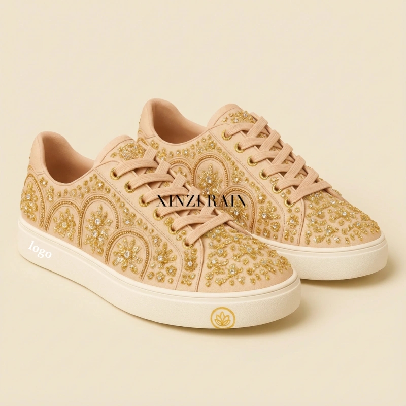Custom Luxury Embellished Casual Sneakers | Gold Crystal Designer Women’s Shoes