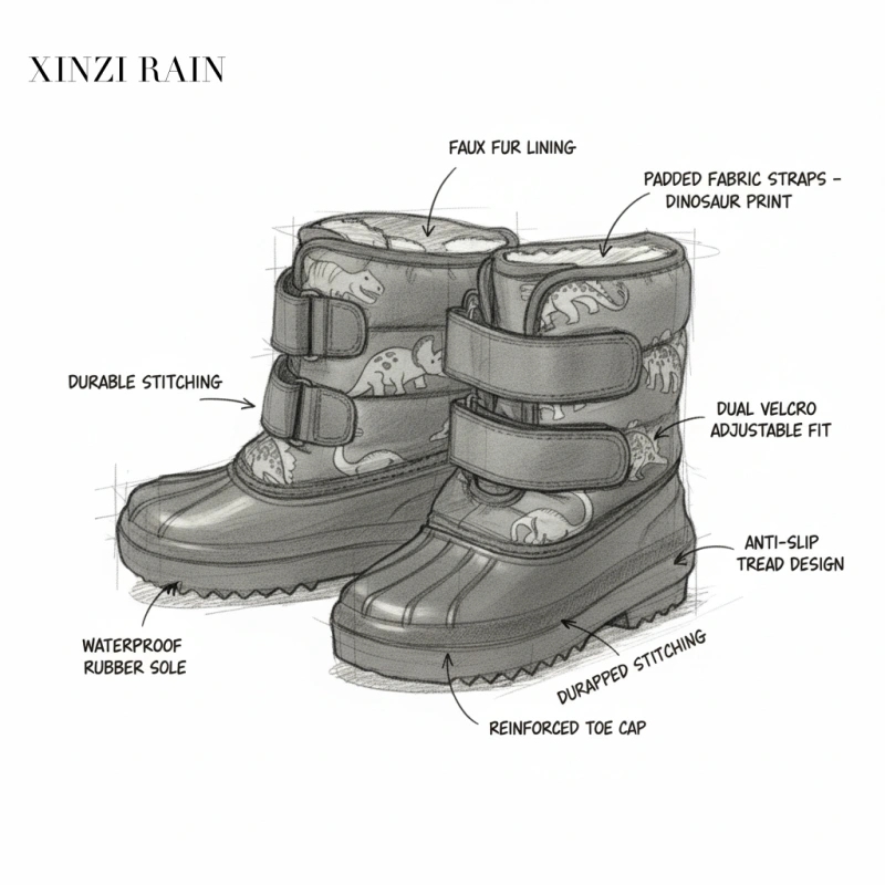 Dinosaur Print Waterproof Snow Boots for Kids | Custom Kids Shoes Manufacturer