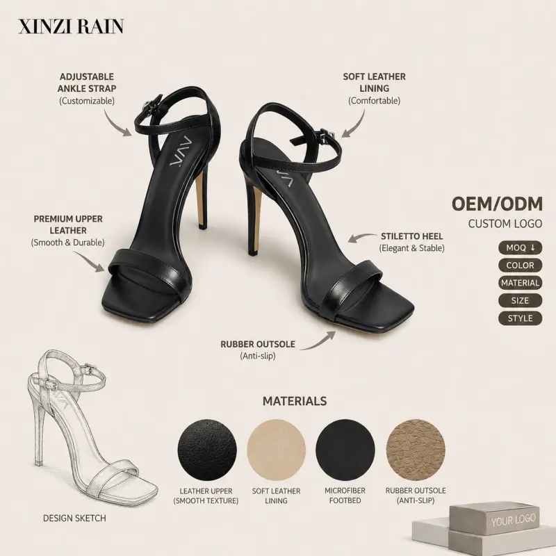 Minimalist Black Stiletto Heel Sandals | Custom Private Label Women's Footwear