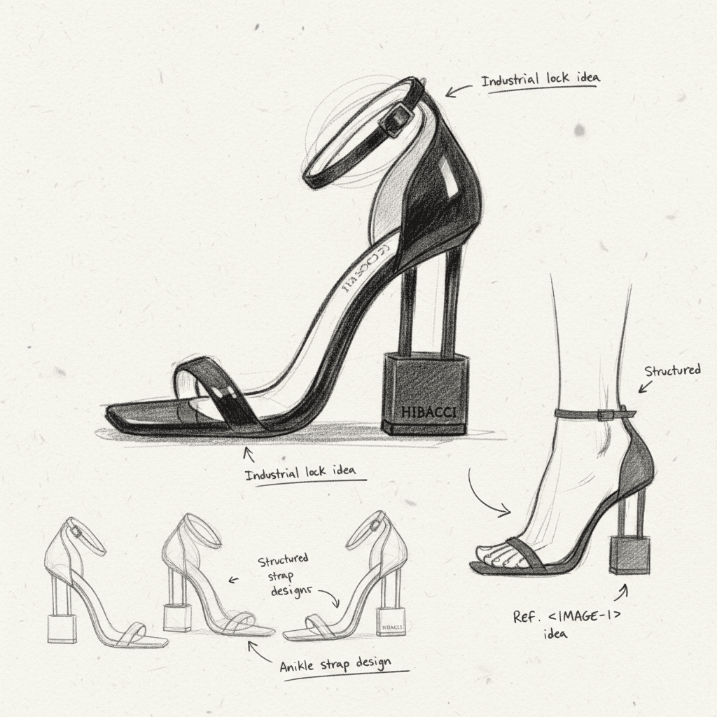 Hibacci’s high heels feature a symmetrical silhouette with a truly unique twist: the heel is designed in the shape of a lock, turning a classic form into a sculptural statement. This bold design creates a striking visual element while maintaining balance and elegance.