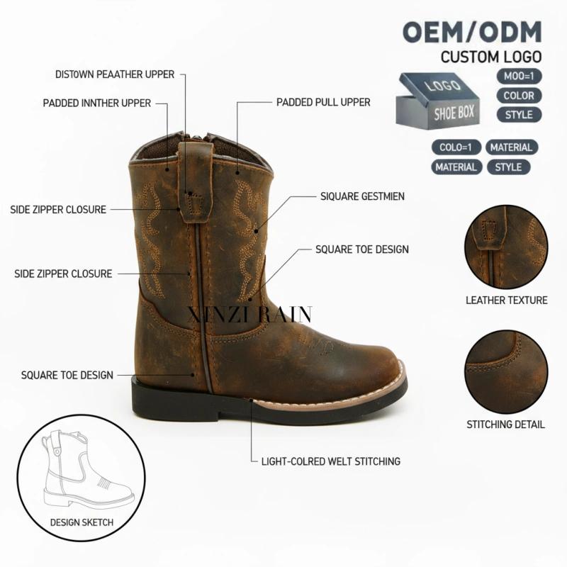 Botas ocidentais para meninos - Biqueira larga quadrada OEM ODM para crianças Fabricante de botas de cowboy China