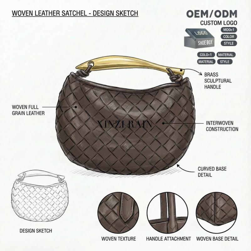 Custom Woven Leather Handbag | Semi-Moon Clutch with Sculpted Metal Handle