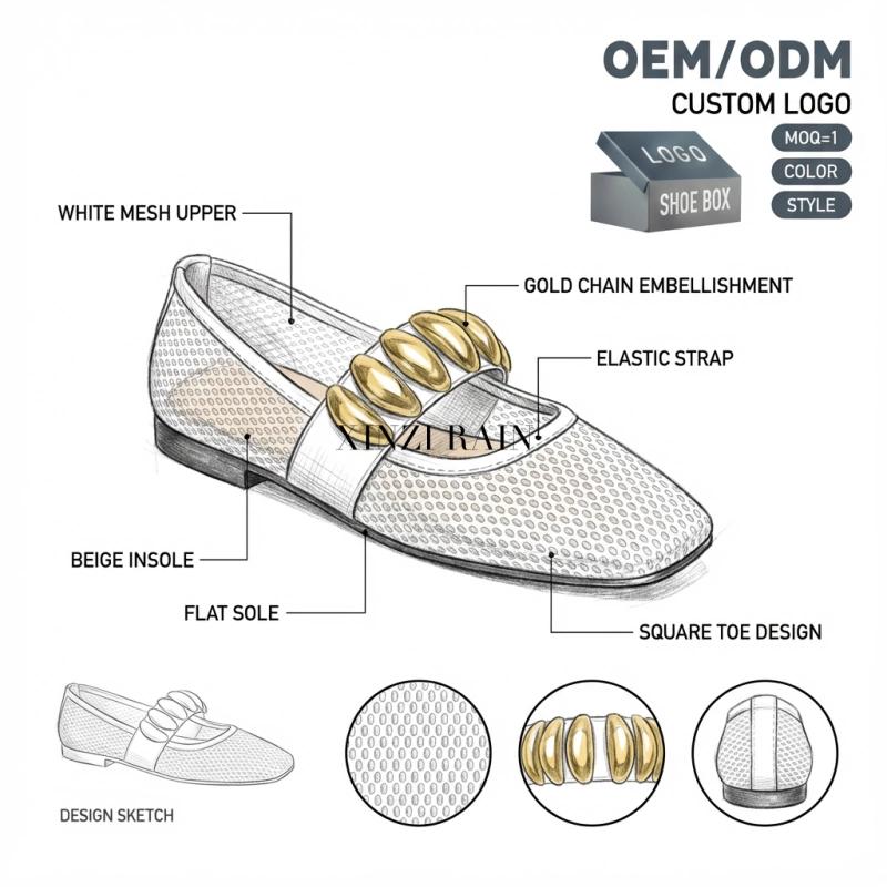 OEM 女士夏季透气渔网鞋 | 镂空网眼玛丽珍平底鞋