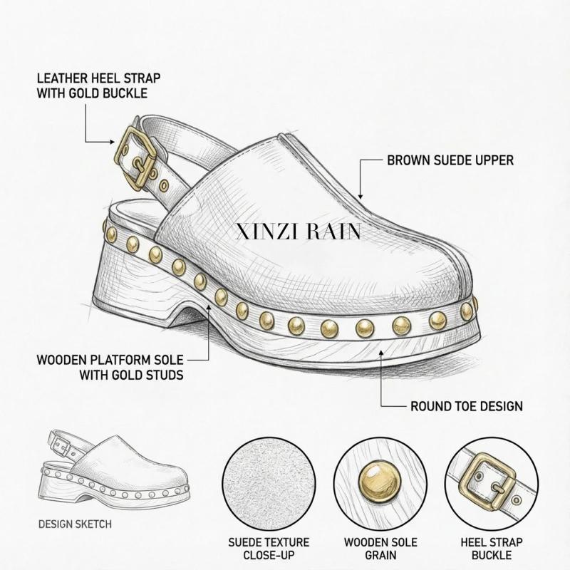 Custom Suede Studded Clogs for Women | Wooden Platform Slingback Mule