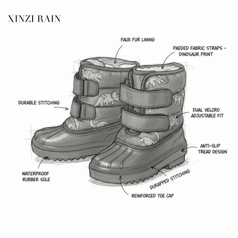 儿童恐龙印花防水雪地靴 | 定制童鞋制造商