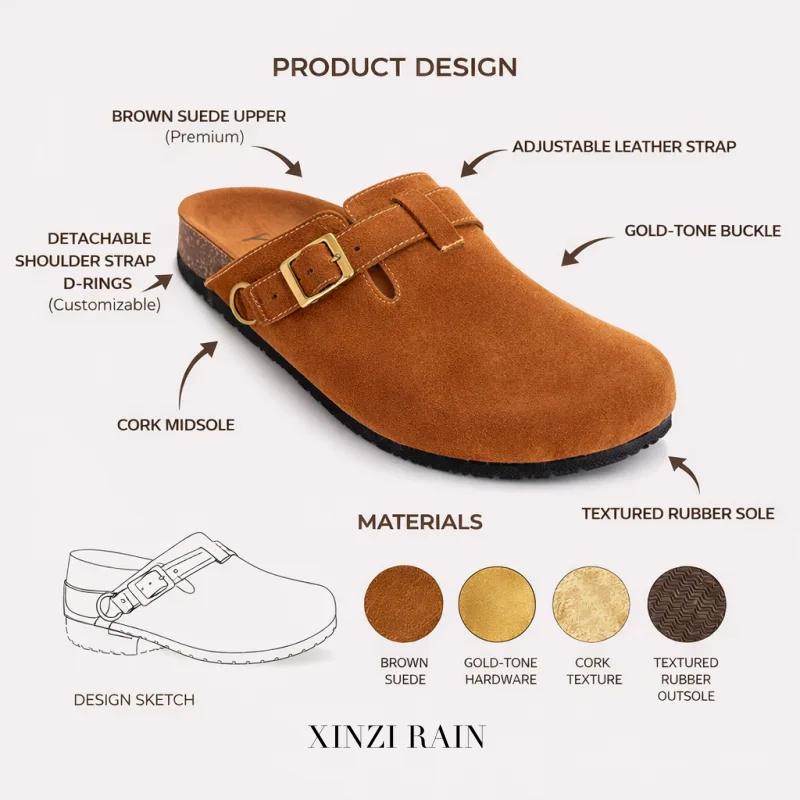 Tamancos com palmilha de cortiça em camurça | Fabricante de tamancos de couro personalizados -XINZIRAIN