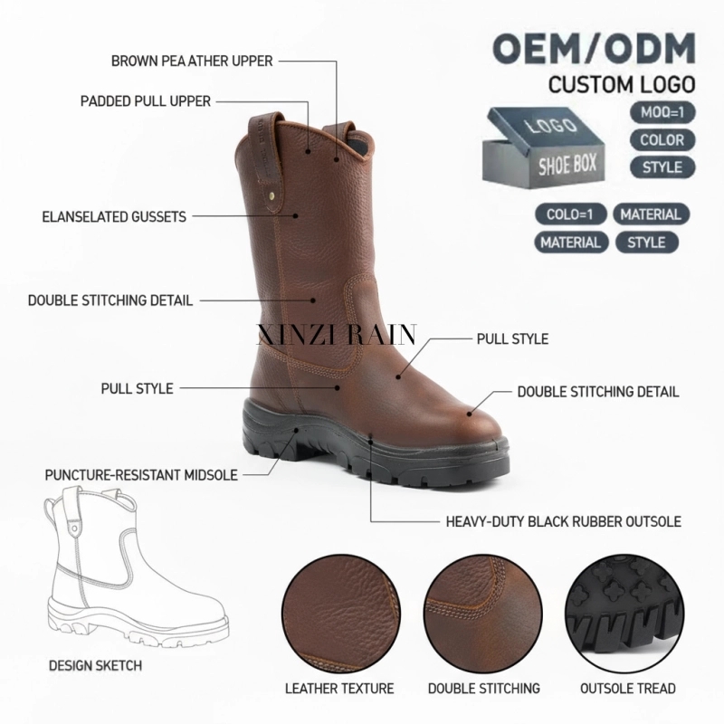 Custom Brown Leather Work Boots | OEM Pull-On Safety Boots Manufacturer China