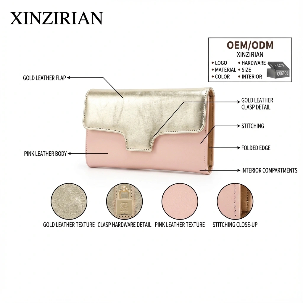 Custom Pink Metallic Leather Long Wallet | ODM Wallet Manufacturer