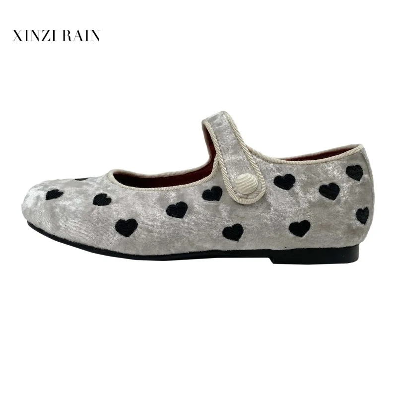 Private Label Kids Shoes Manufacturer | Velvet Mary Jane Flats with Heart Embroidery