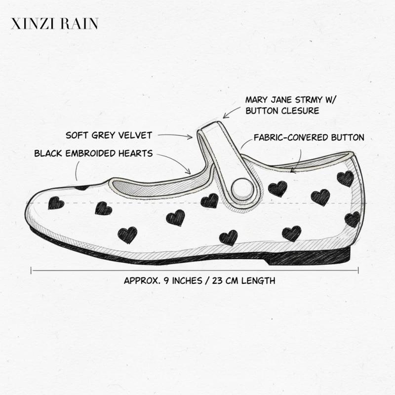 Private Label Kids Shoes Manufacturer | Velvet Mary Jane Flats with Heart Embroidery
