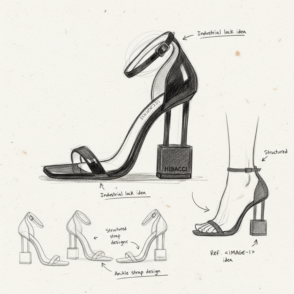 Hibacci’s high heels feature a symmetrical silhouette with a truly unique twist: the heel is designed in the shape of a lock, turning a classic form into a sculptural statement. This bold design creates a striking visual element while maintaining balance and elegance.